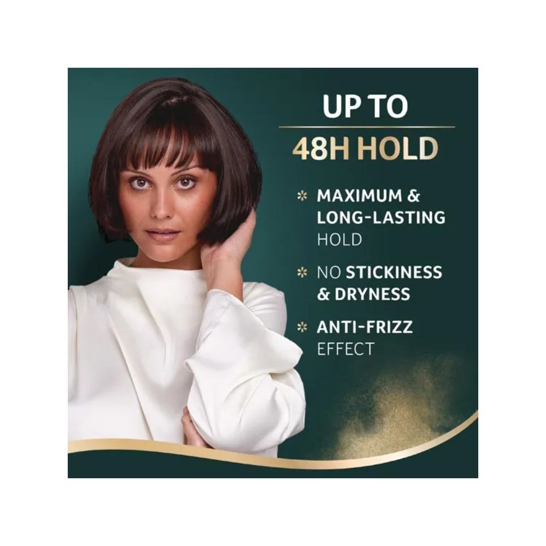 Wella Silvikrin Maximum Hold Hairspray 250ml product information image of a woman on a green background