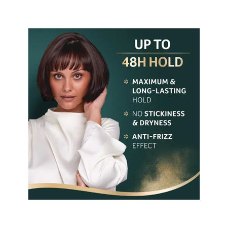 Wella Silvikrin Maximum Hold Hairspray 250ml product information image of a woman on a green background