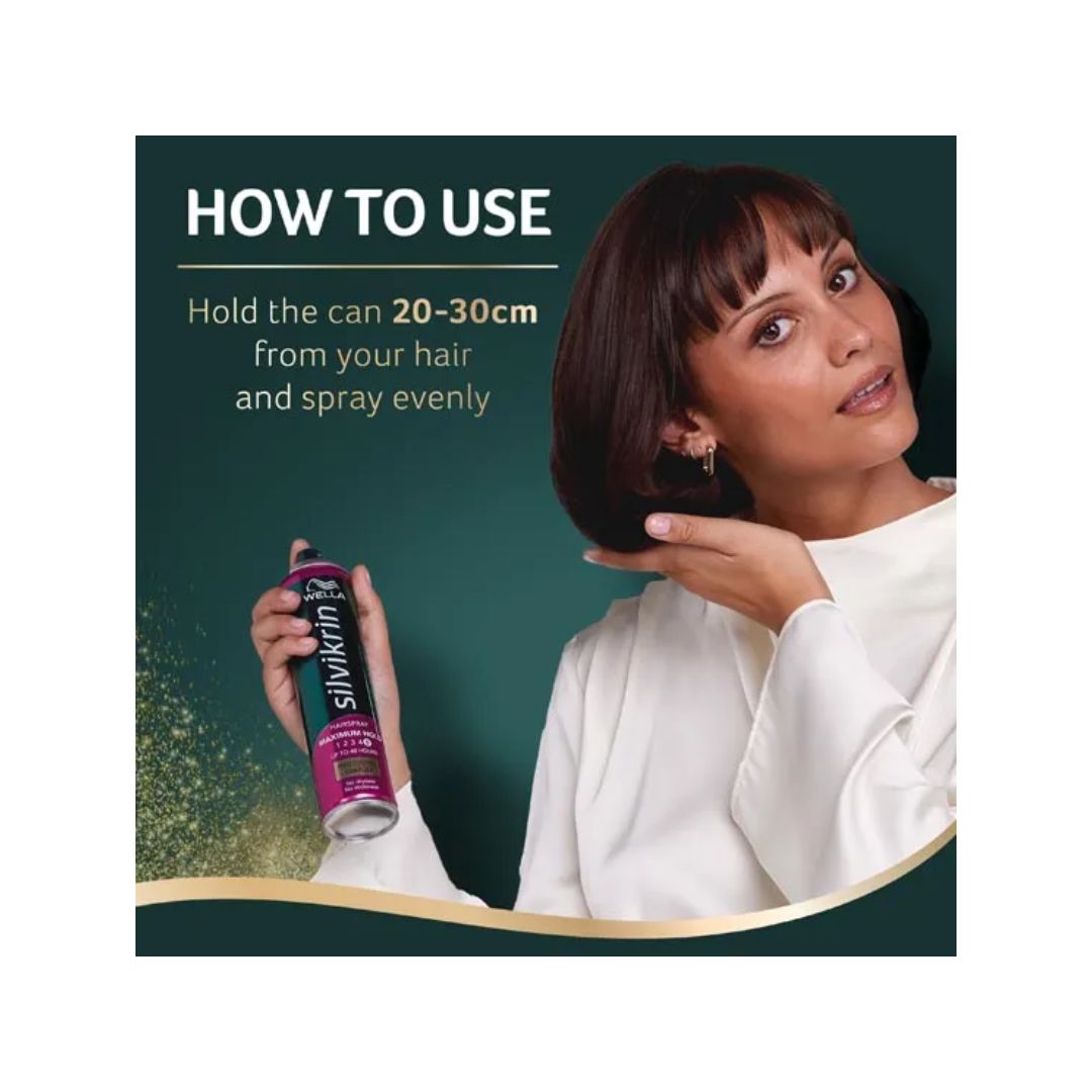 Wella Silvikrin Maximum Hold Hairspray 250ml usage instructions image on a green background