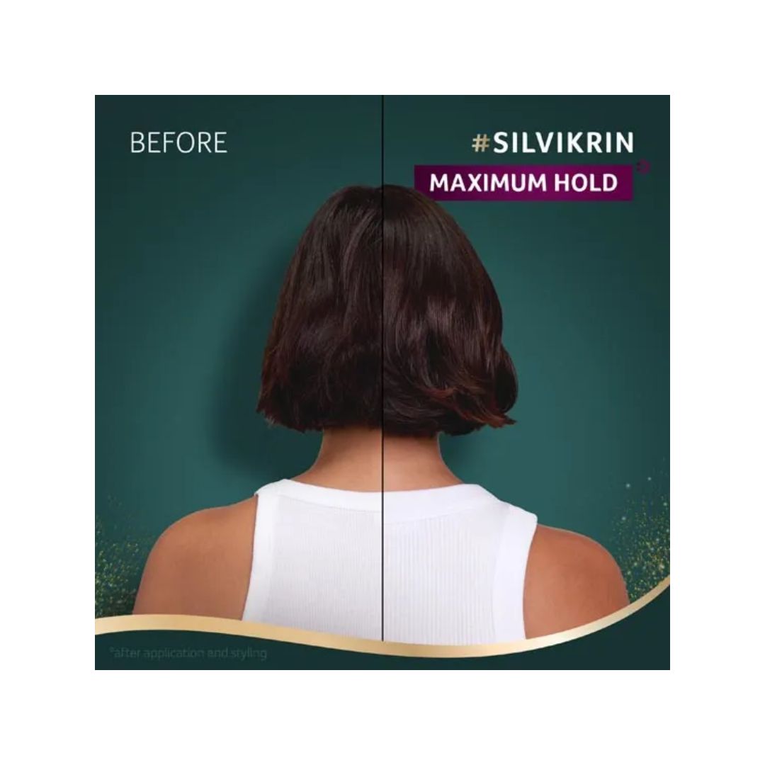Wella Silvikrin Maximum Hold Hairspray before and after image on a green background