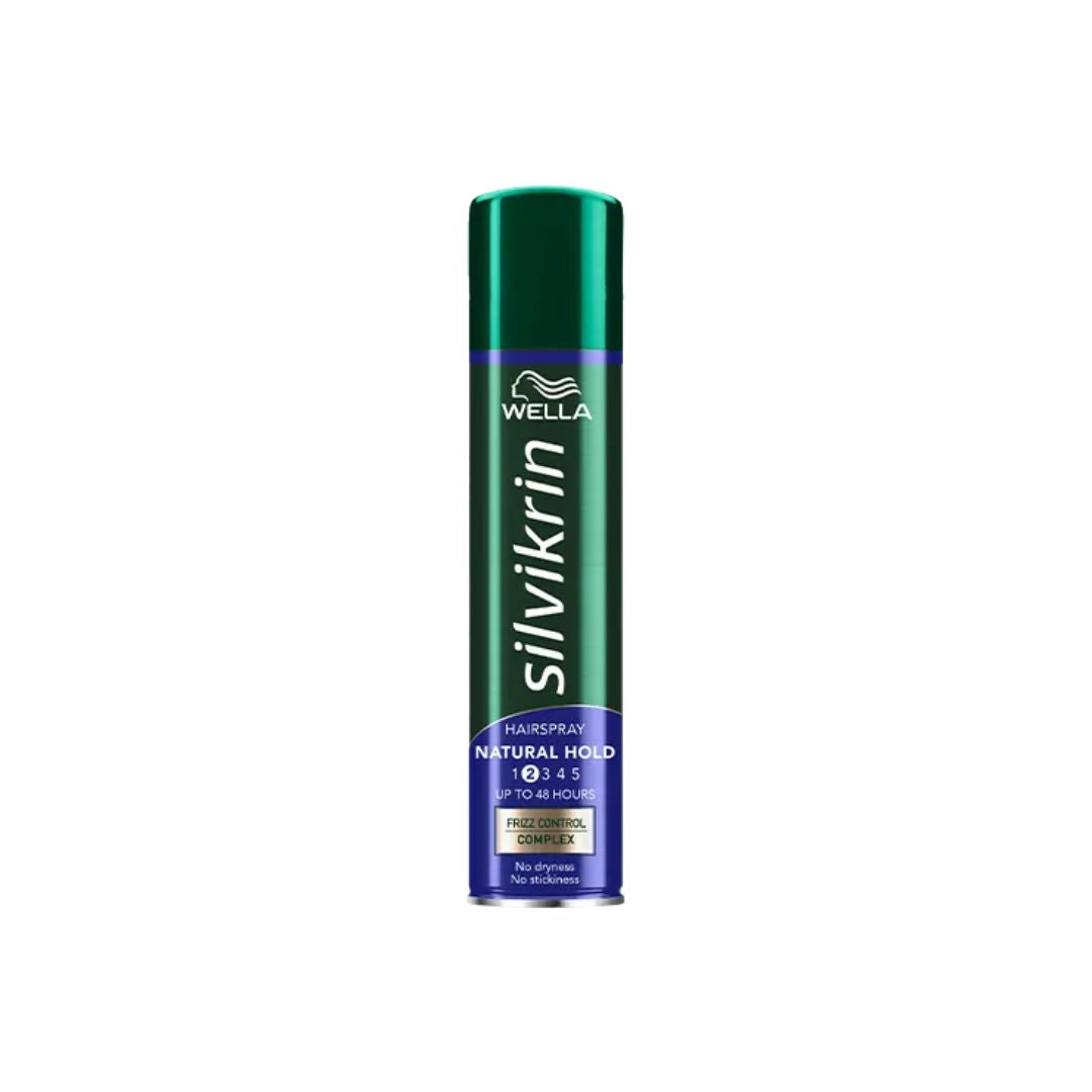 A can of Wella Silvikrin Hair Spray in a metallic green and purple color scheme, shown against a plain white background.