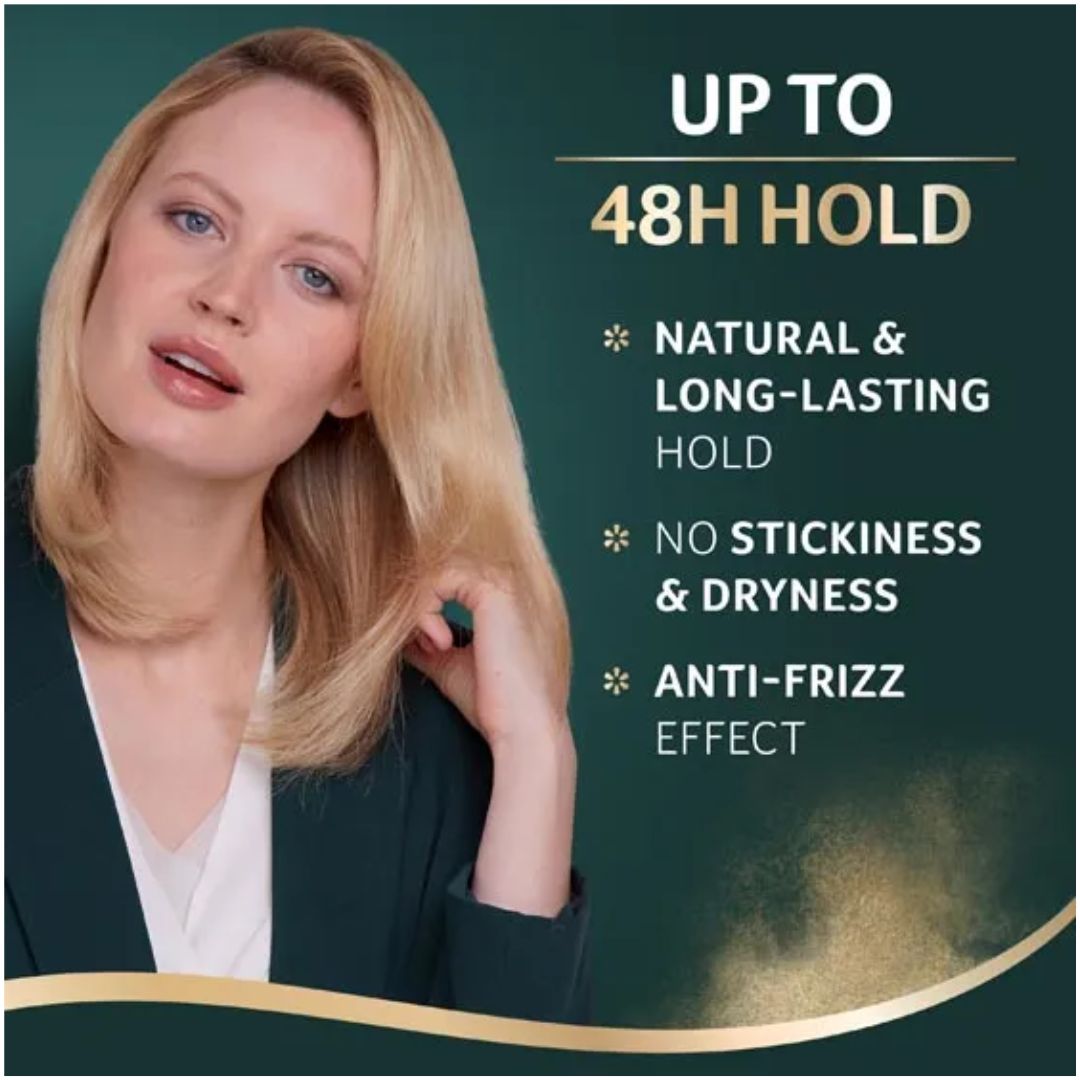 A blonde woman wearing a dark blazer and white top appears beside marketing text on a dark green background. The text reads: 'UP TO 48H HOLD' with bullet points for natural and long-lasting hold, no stickiness or dryness, and anti-frizz effect.