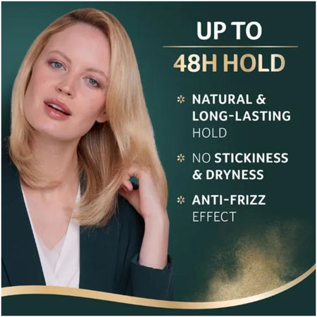 A blonde woman wearing a dark blazer and white top appears beside marketing text on a dark green background. The text reads: 'UP TO 48H HOLD' with bullet points for natural and long-lasting hold, no stickiness or dryness, and anti-frizz effect.