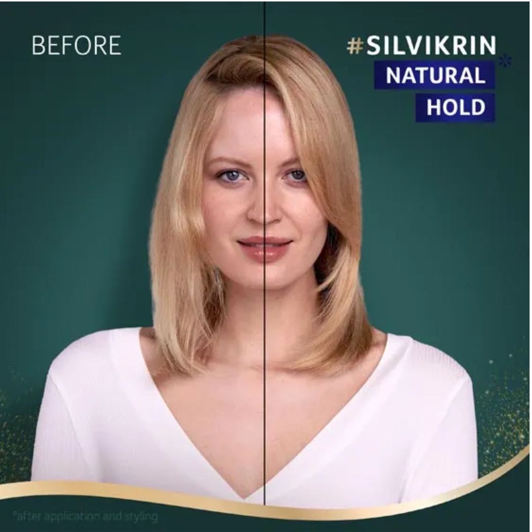 A split-screen before-and-after comparison of a woman's blonde hair, showing a natural hold state. The left side is labeled 'BEFORE' and the right side has the text '#SILVIKRIN NATURAL HOLD'.