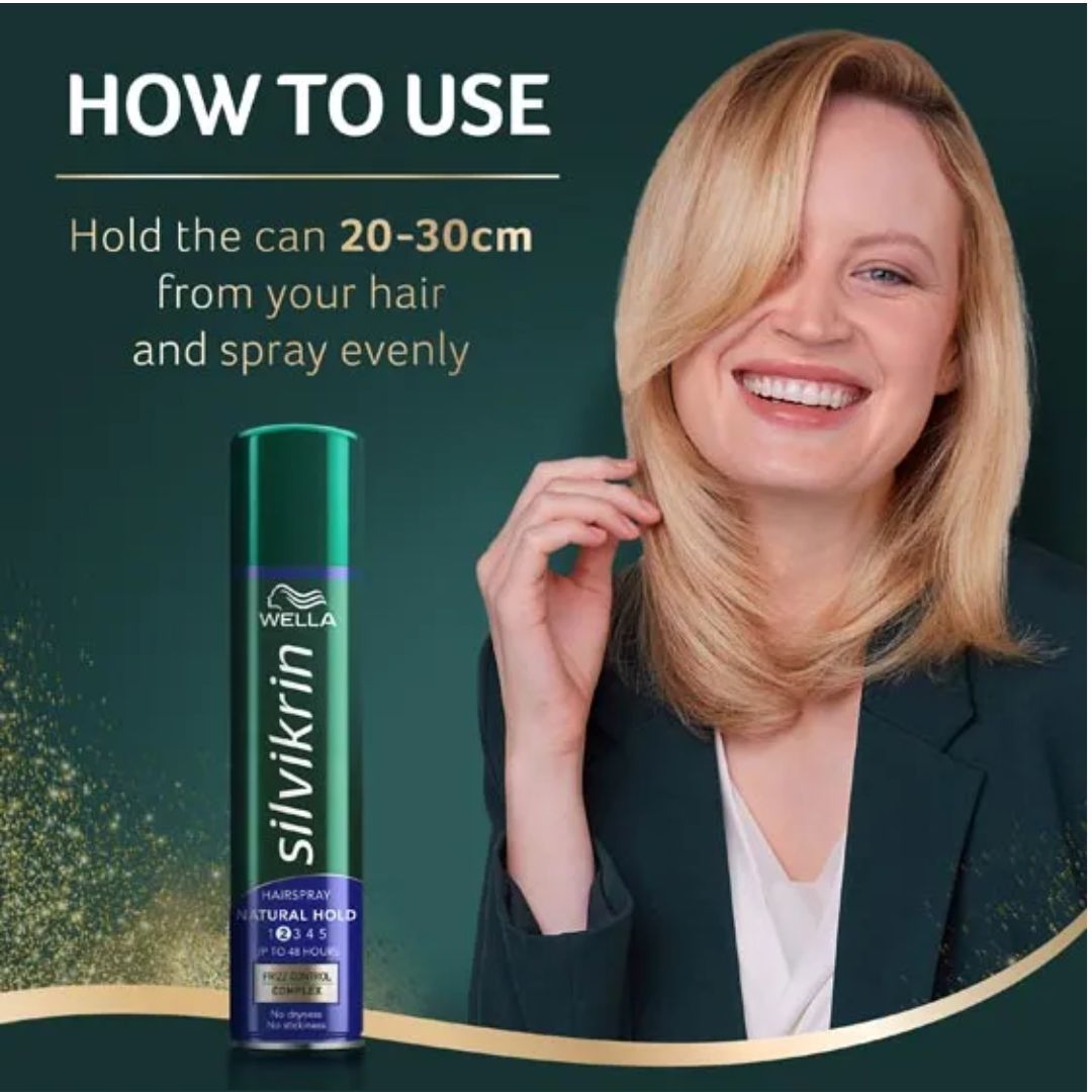 A woman with blonde hair holds her hair while using Wella Silvikrin hair spray, shown next to the product can against a dark green background with 'HOW TO USE' text.