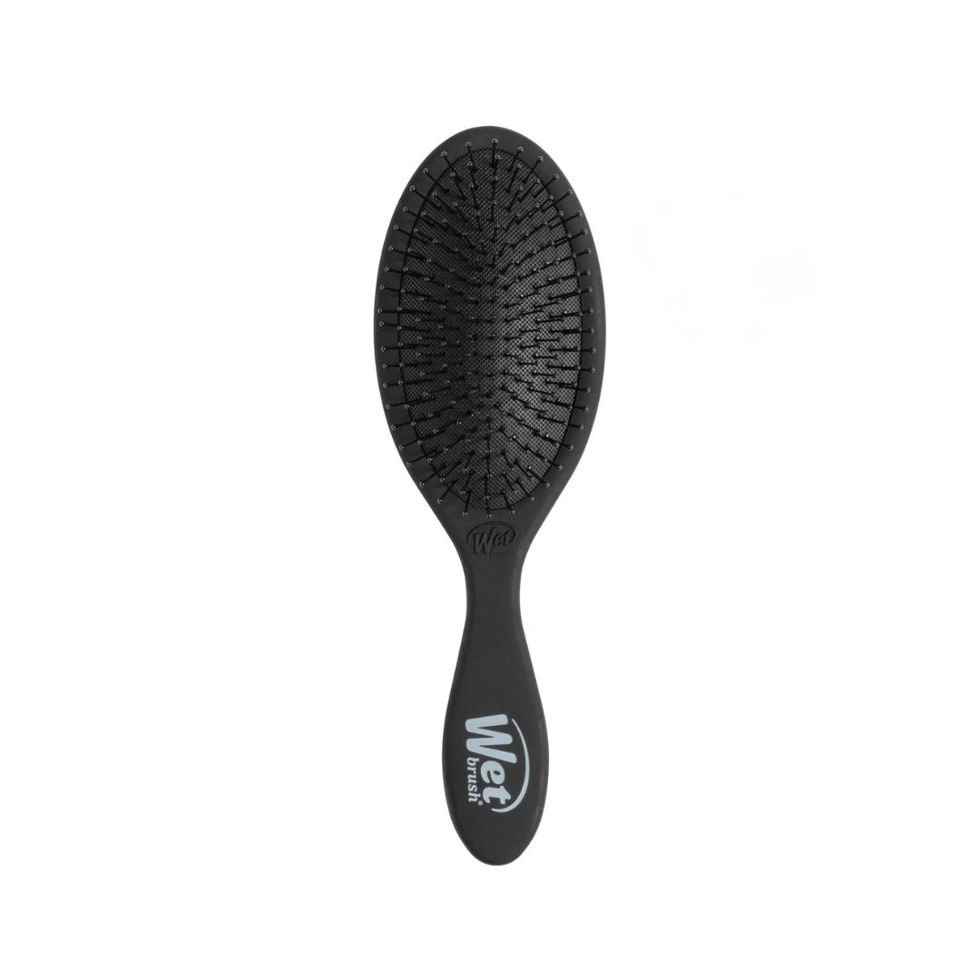 A black oval hairbrush with white 'Wet Wet' branding on the handle, shown against a plain white background.