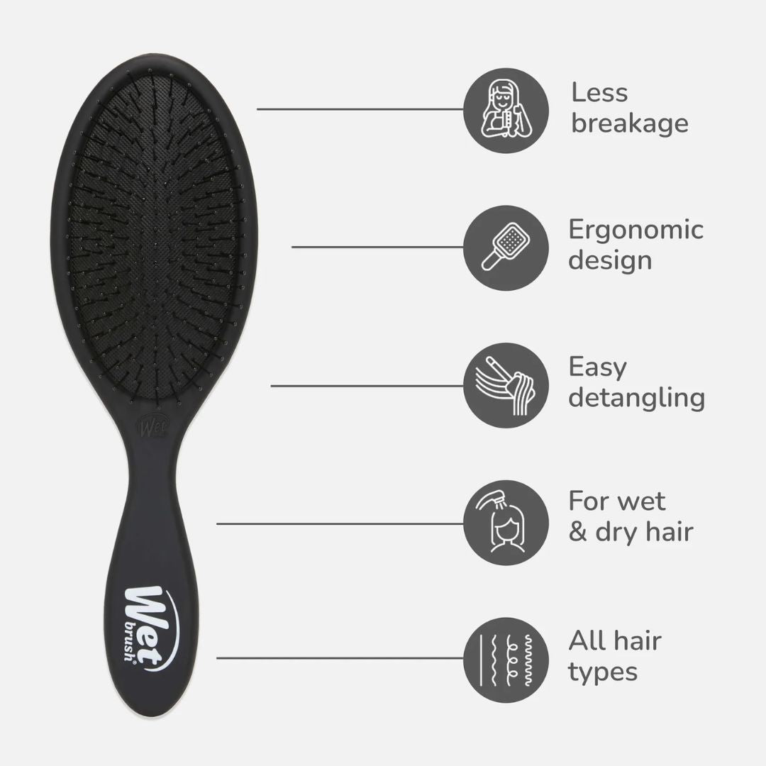 A black oval hairbrush with a handle printed with the Wet Venti logo, shown on a light gray background with five feature callouts and icons pointing to less breakage, ergonomic design, easy detangling, suitability for wet and dry hair, and all hair types.