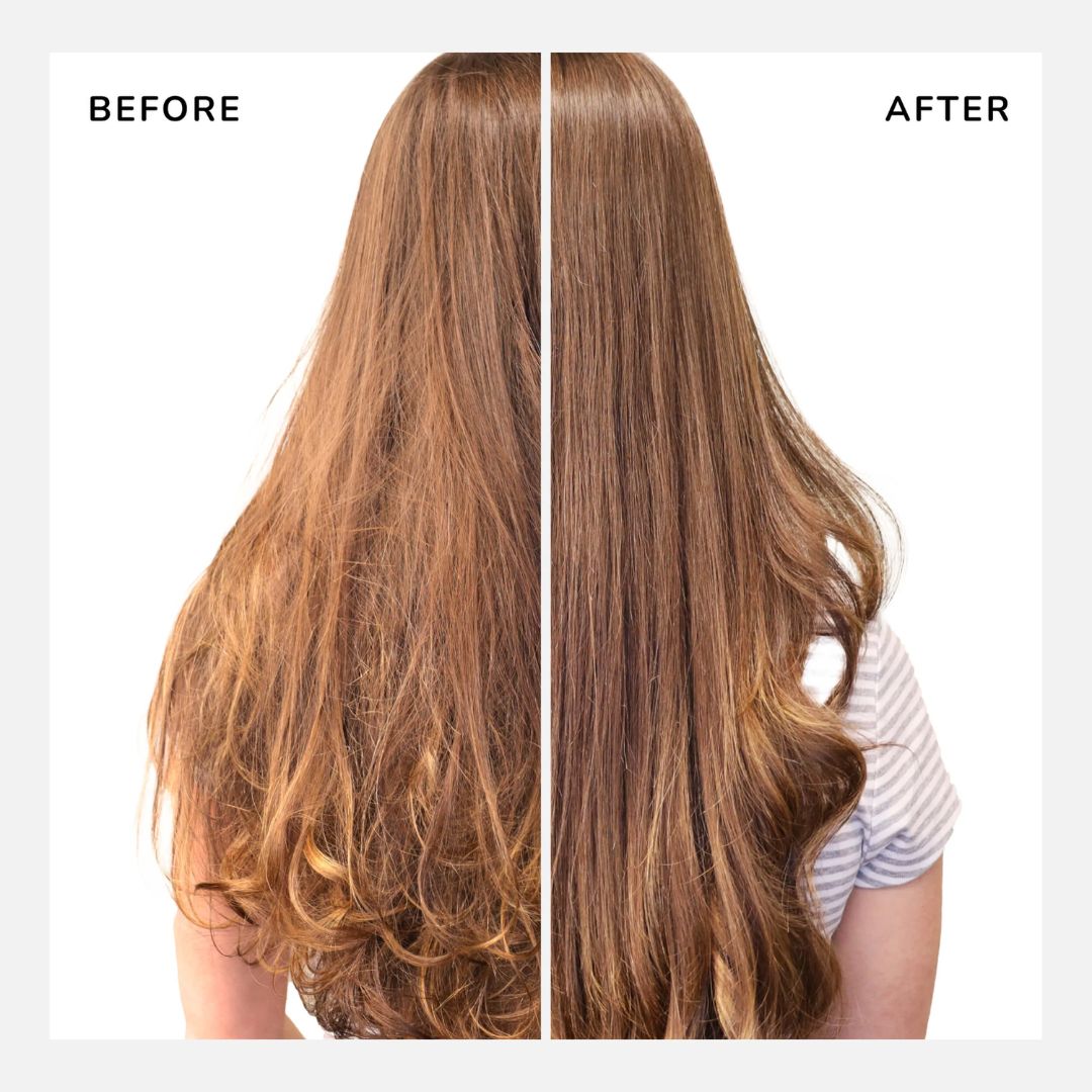Before and after comparison of hair treatment showing a person with straight, unstyled hair on the left and styled, wavy hair on the right.