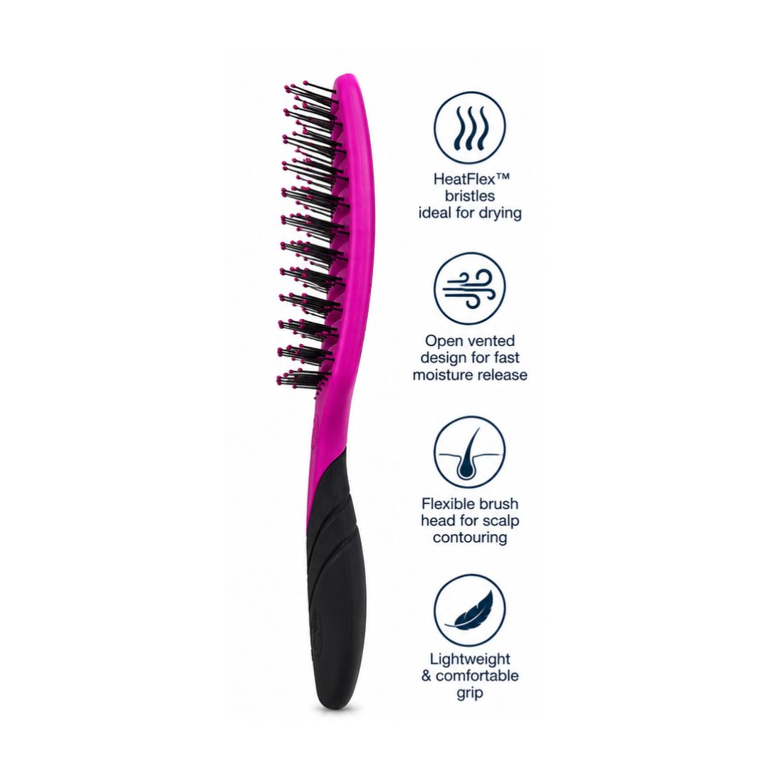 Wet Brush Pro Flex Dry Paddle brush on a white background with product details to the right