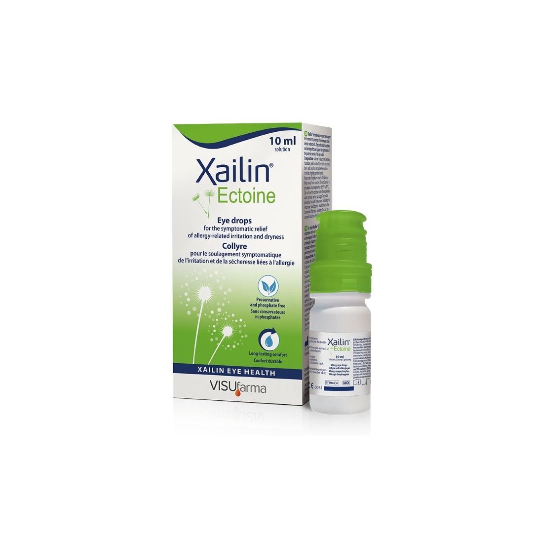 Xailin Ectoine Eye Drops 10ml dropper and packaging on a white background
