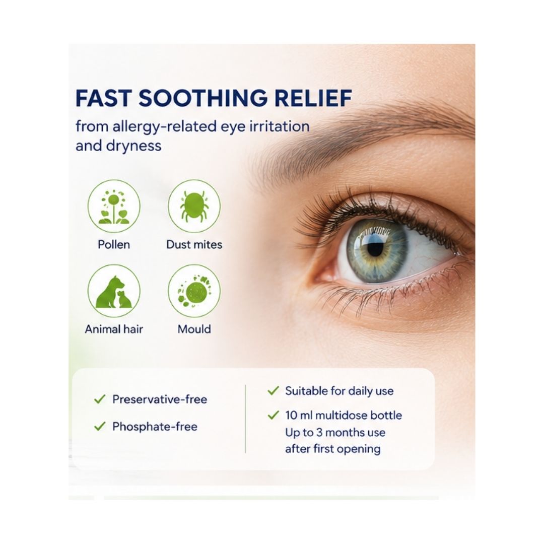 Xailin Ectoine Eye Drops 10ml 'FAST SOOTHING RELIEF' graphic on an up close photo of a woman's eye