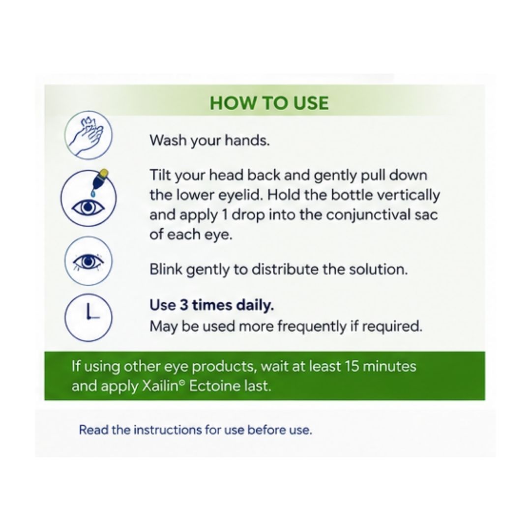 Xailin Ectoine Eye Drops 10ml 'HOW TO USE' graphic on a light green background