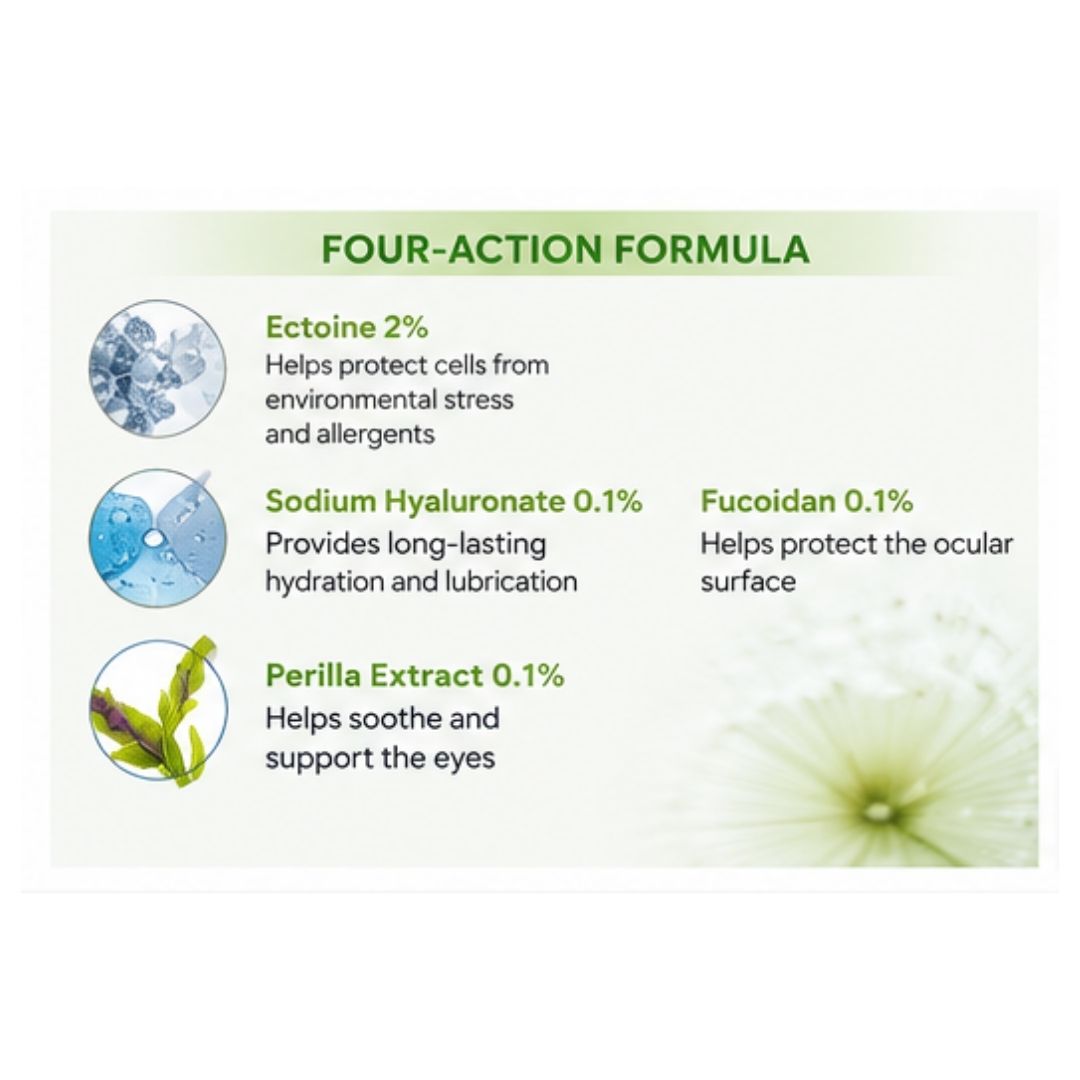 Xailin Ectoine Eye Drops 10ml 'FOUR-ACTION FORMULA' graphic on a white background