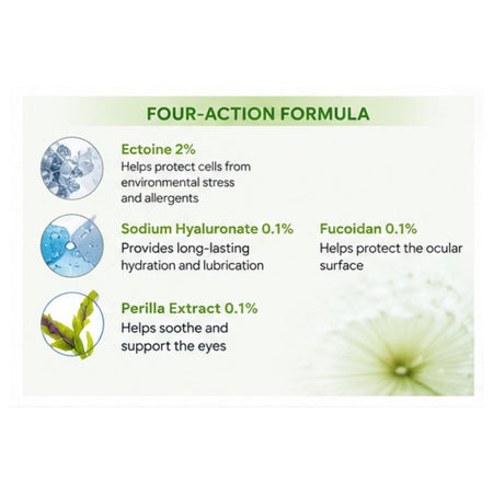 Xailin Ectoine Eye Drops 10ml 'FOUR-ACTION FORMULA' graphic on a white background