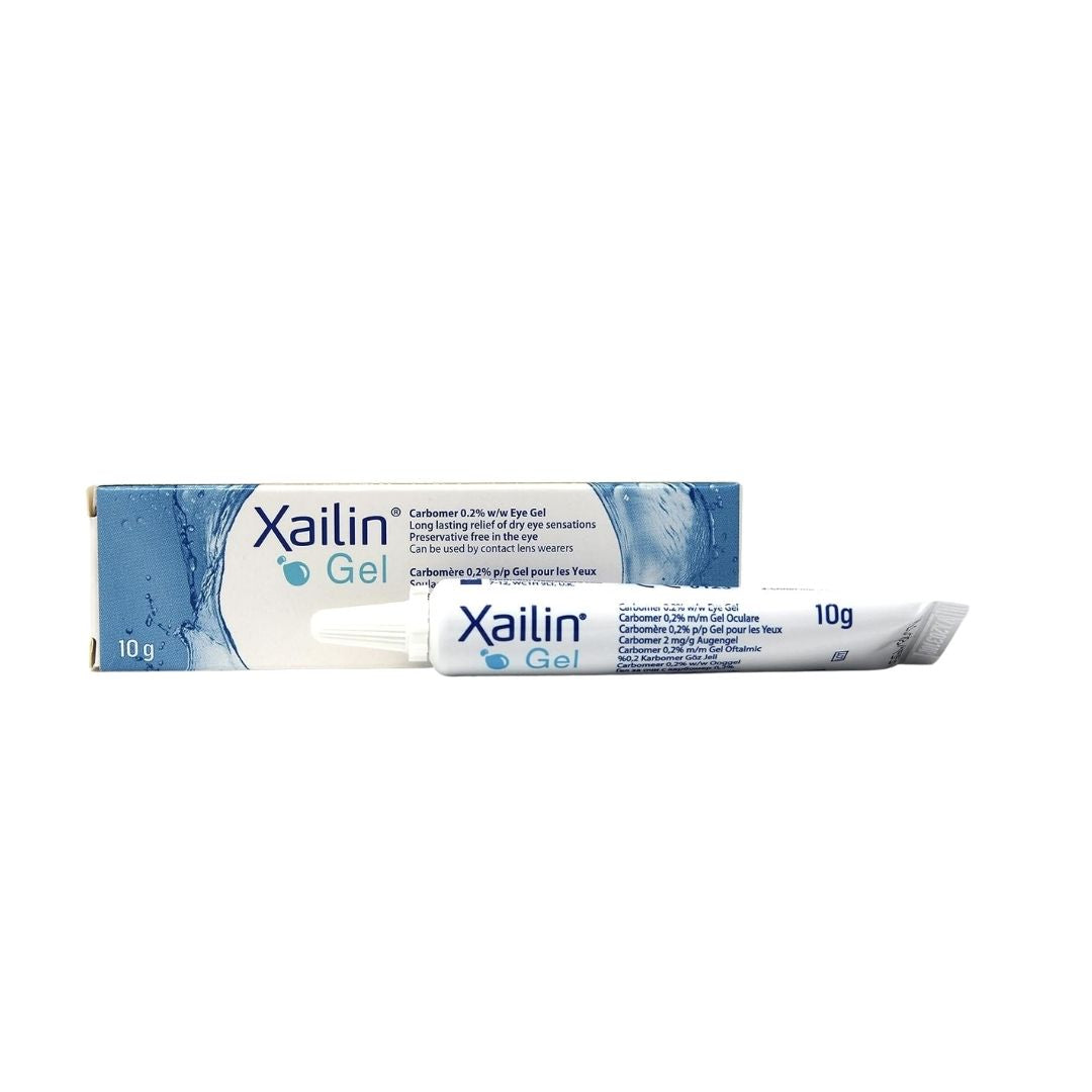 Xailin Gel Lubricating Eye Gel 10g packaging and tube on a white background