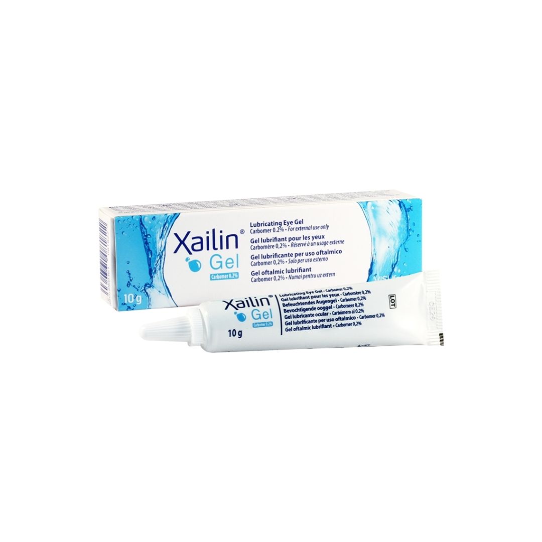 Xailin Gel Lubricating Eye Gel 10g packaging and tube on a white background