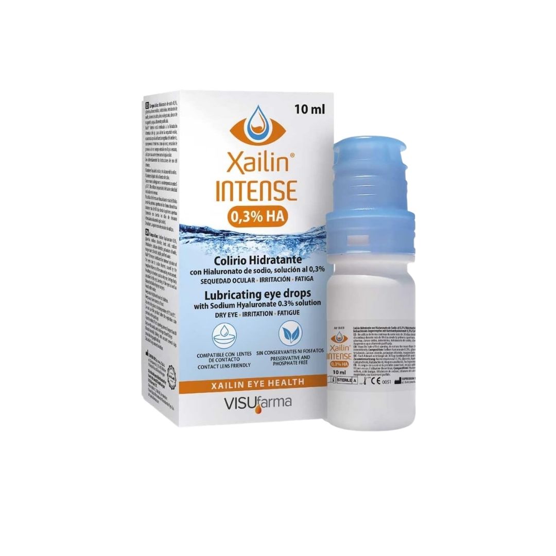 Xailin Intense Dry Eye Drops 10ml dropper and packaging on a white background