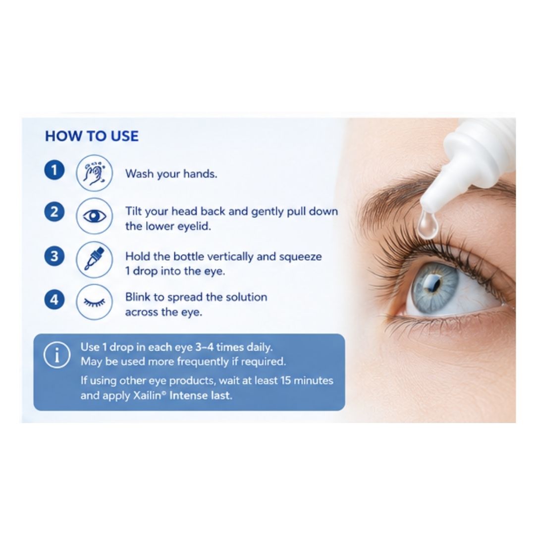Xailin Intense Dry Eye Drops 'HOW TO USE' graphic on a white background