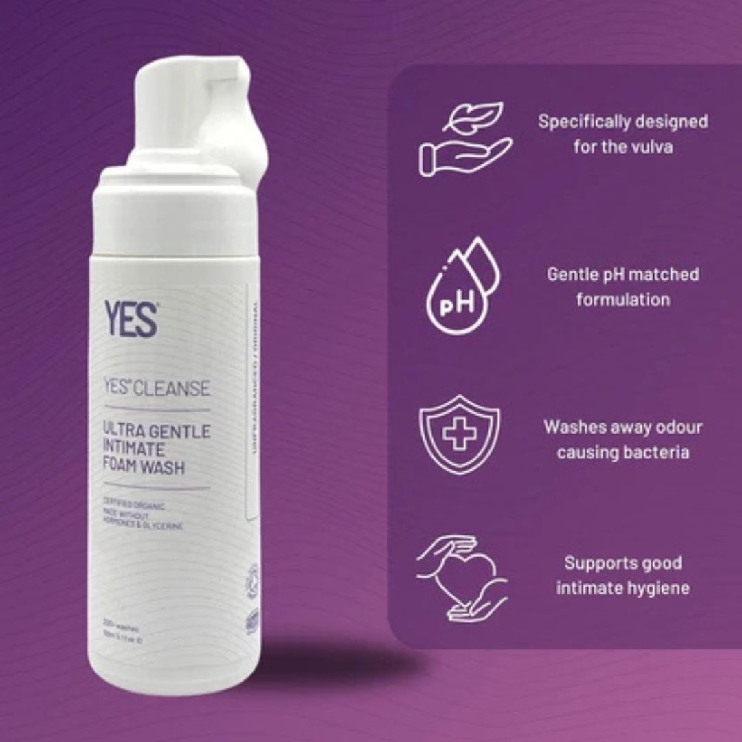 YES Cleanse Ultra Gentle Intimate Foam Wash bottle on a purple background with feature icons and text on the right.