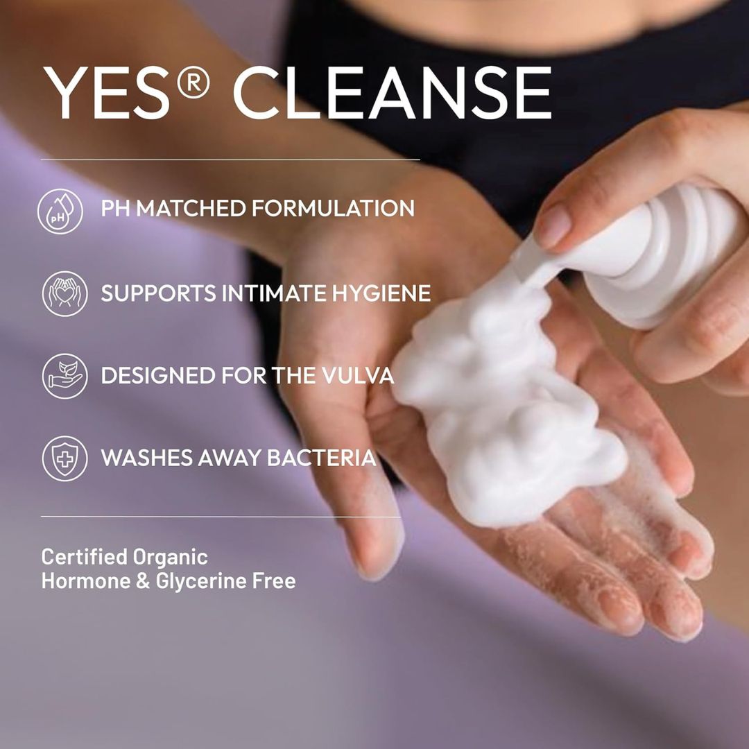 Product being applied to a hand with 'YES Cleanse' branding and features listed.