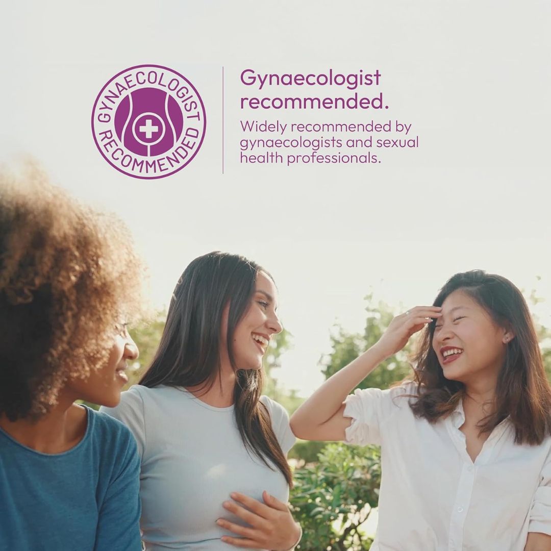 Three women smiling outdoors with text on the left reading 'GYNAECOLOGIST RECOMMENDED' and 'Gynaecologist recommended. Widely recommended by gynaecologists and sexual health professionals.