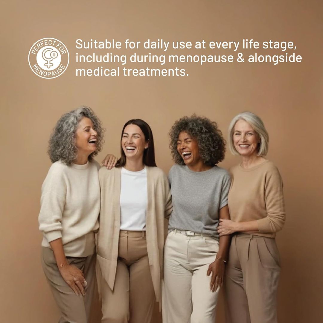 Four women standing together on a beige background with text about product suitability for daily use and menopause.