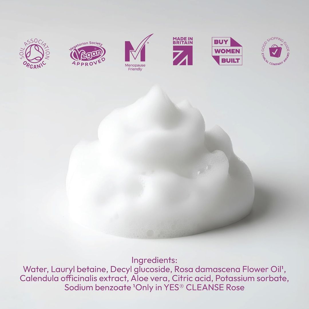 White foam product with certification logos and ingredient list on a light gray background