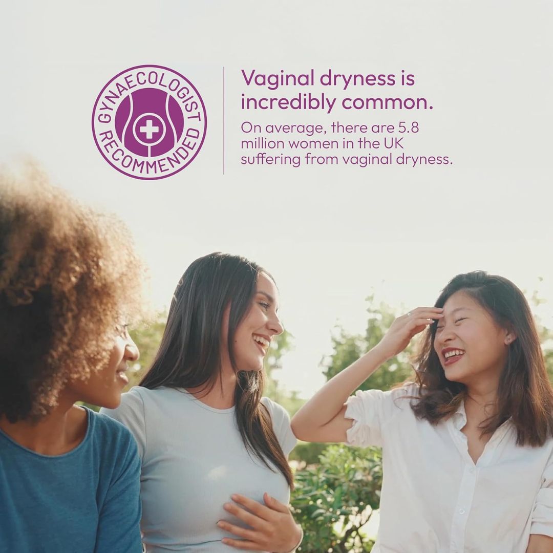 Three women outdoors with a gynaecologist recommended logo and text about vaginal dryness.