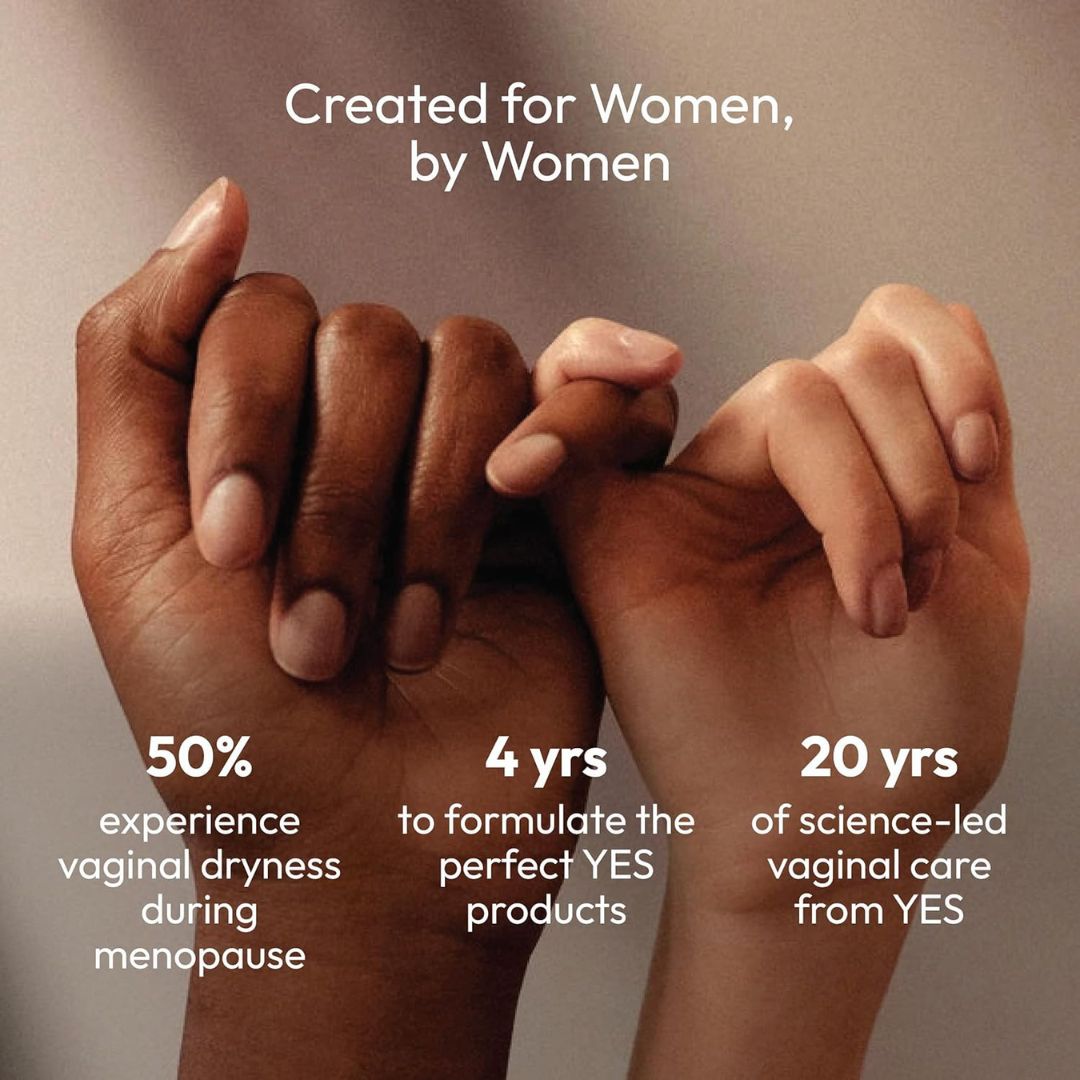 Two hands holding each other with text about vaginal care products.