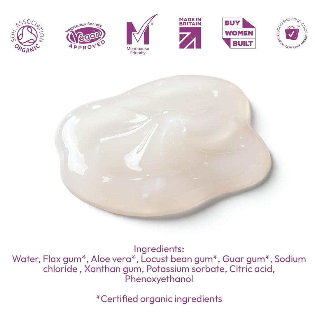 White gel-like product with certification logos and ingredient list on a white background