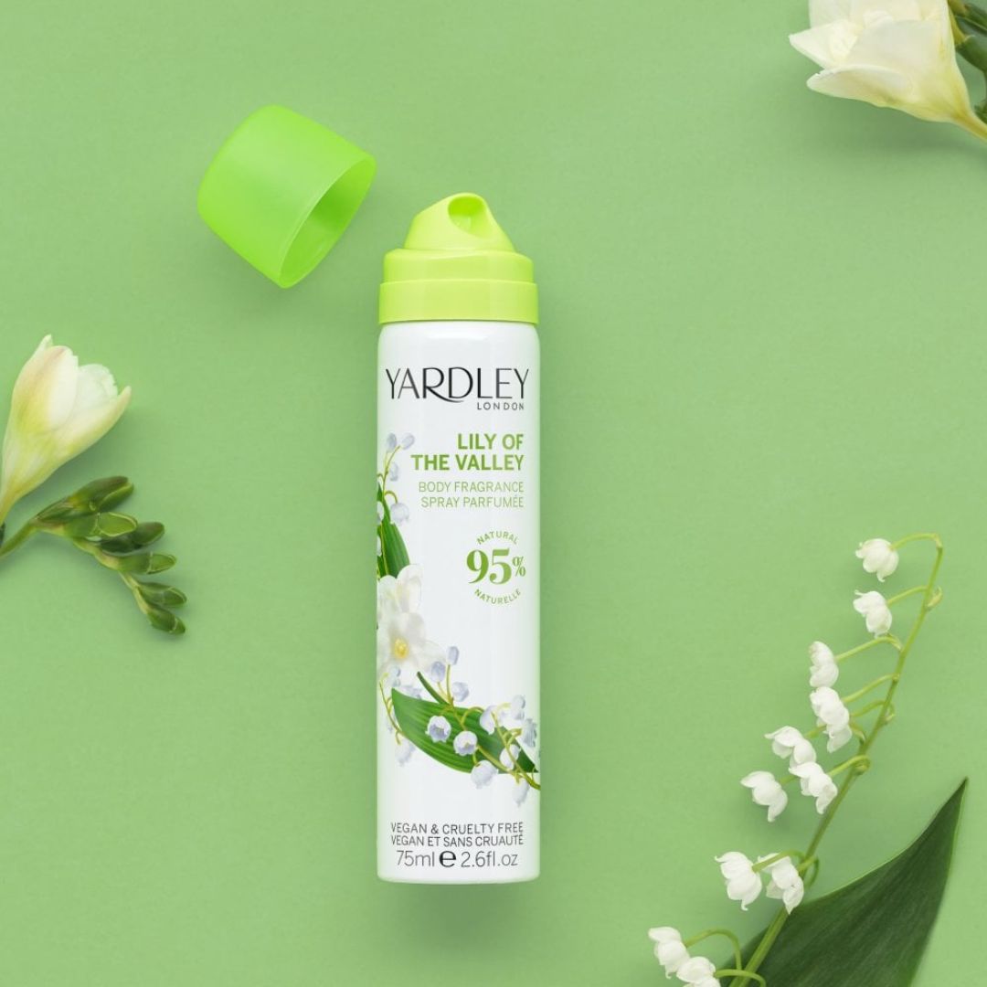 Yardley Lily of the Valley Body Fragrance 75ml on a green background