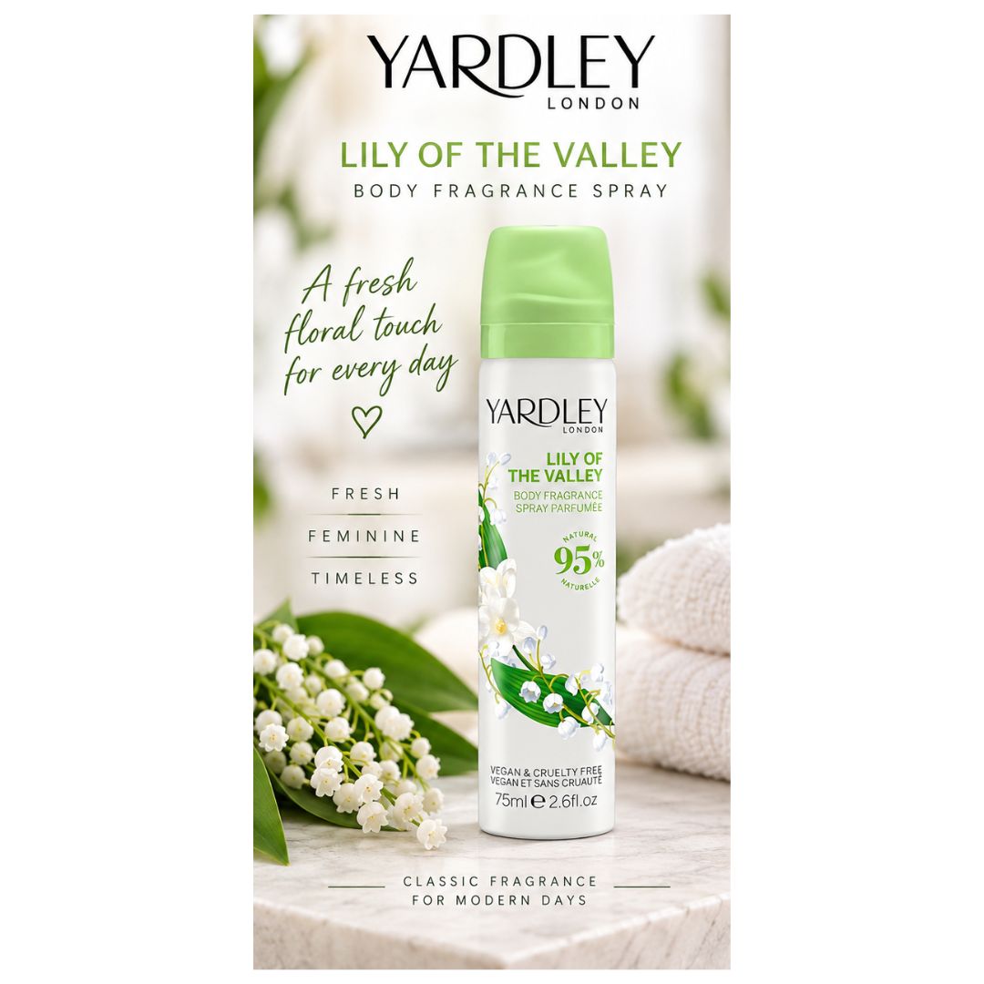 Yardley Lily of the Valley Body Fragrance 75ml on a marble countertop 