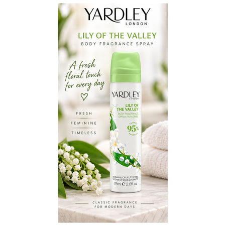Yardley Lily of the Valley Body Fragrance 75ml on a marble countertop 