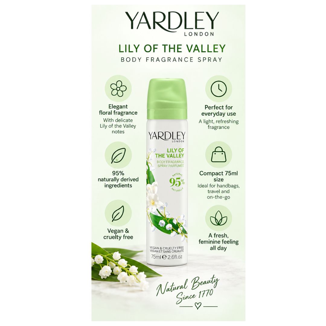 Yardley Lily of the Valley Body Fragrance 75ml on a green background surrounded by product information bullet points