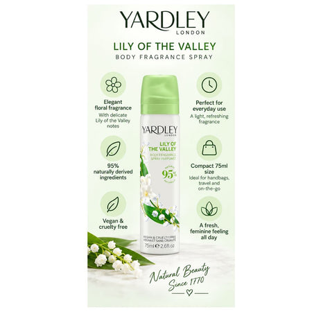 Yardley Lily of the Valley Body Fragrance 75ml on a green background surrounded by product information bullet points