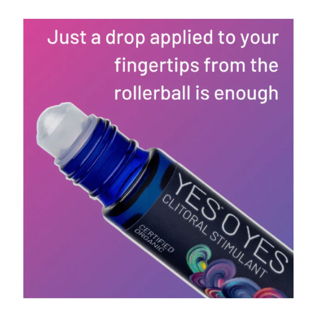 A bottle of YES OYES Clitoral Stimulant roll-on product shown diagonally on a pink-to-purple gradient background with white text reading, 'Just a drop applied to your fingertips from the rollerball is enough.'.
