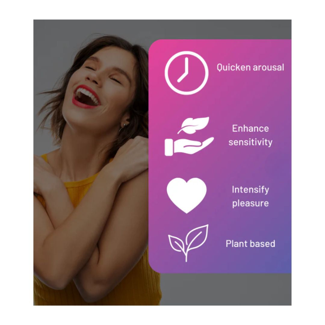 A promotional graphic with a smiling woman on the left and a pink-to-purple gradient panel on the right listing benefits: quicken arousal, enhance sensitivity, intensify pleasure, and plant based.