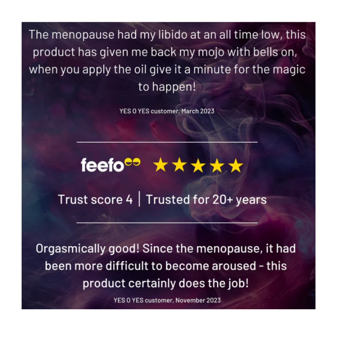 A square promotional graphic with two customer review text excerpts on a dark smoky purple background and a central feefo rating badge with five yellow stars and trust score text.