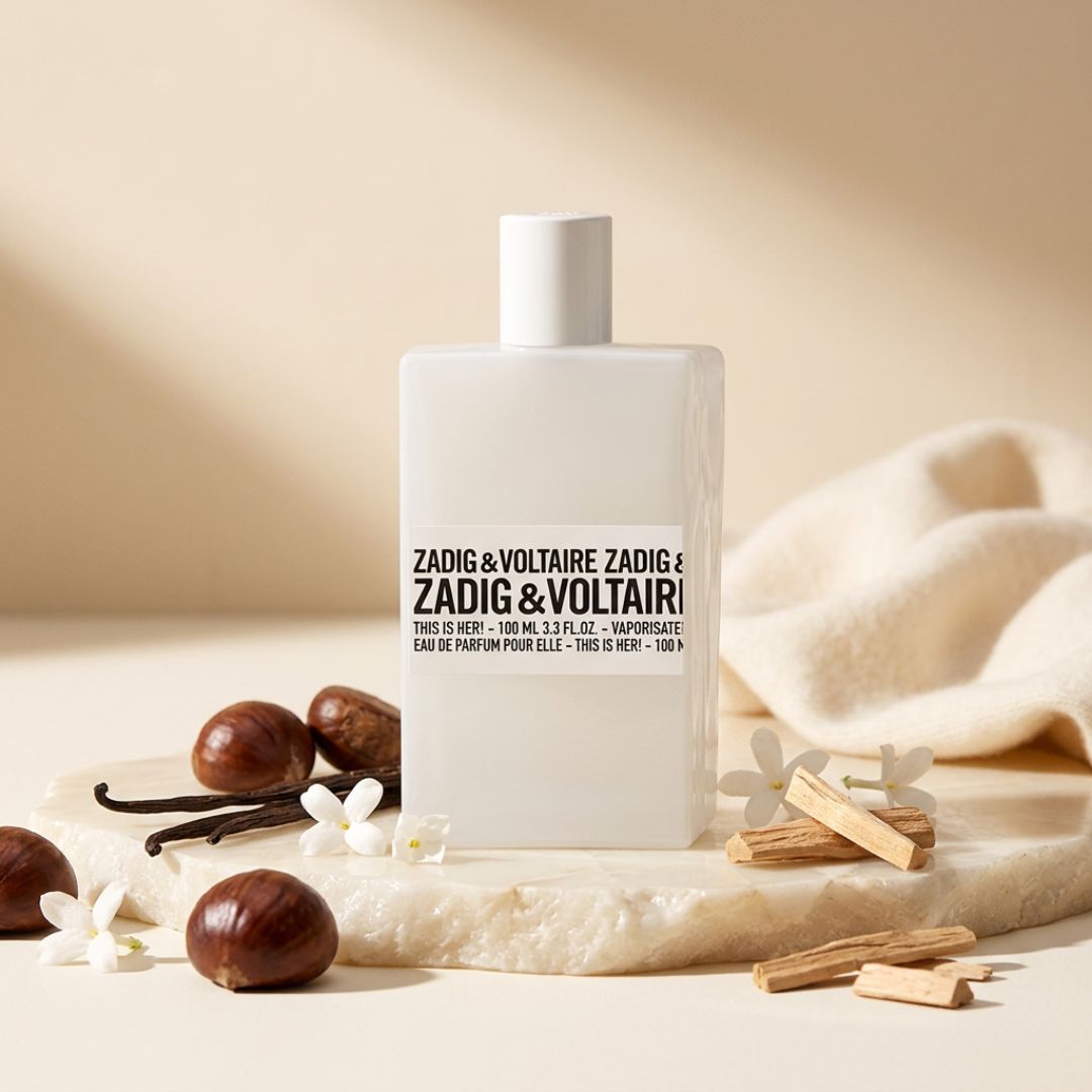 Zadig & Voltaire This Is Her! Eau de Parfum 100ml on a cream background with chestnuts