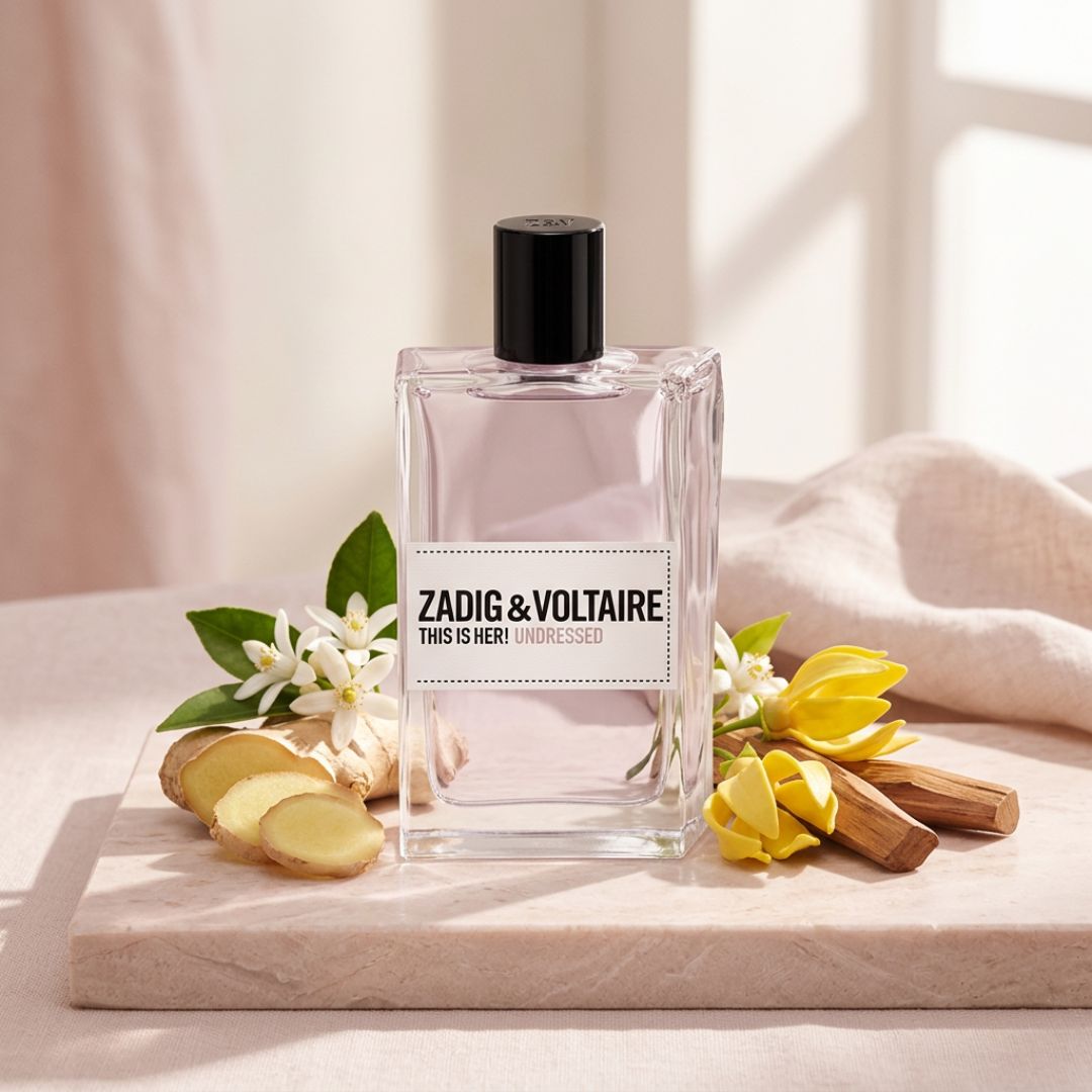 Zadig & Voltaire This Is Her! Undressed Eau de Parfum 100ml on a marble slate with ingredients surrounding it