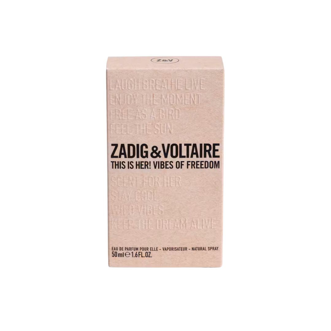 Zadig & Voltaire This Is Her! Vibes of Freedom Eau de Parfum packaging on a white background