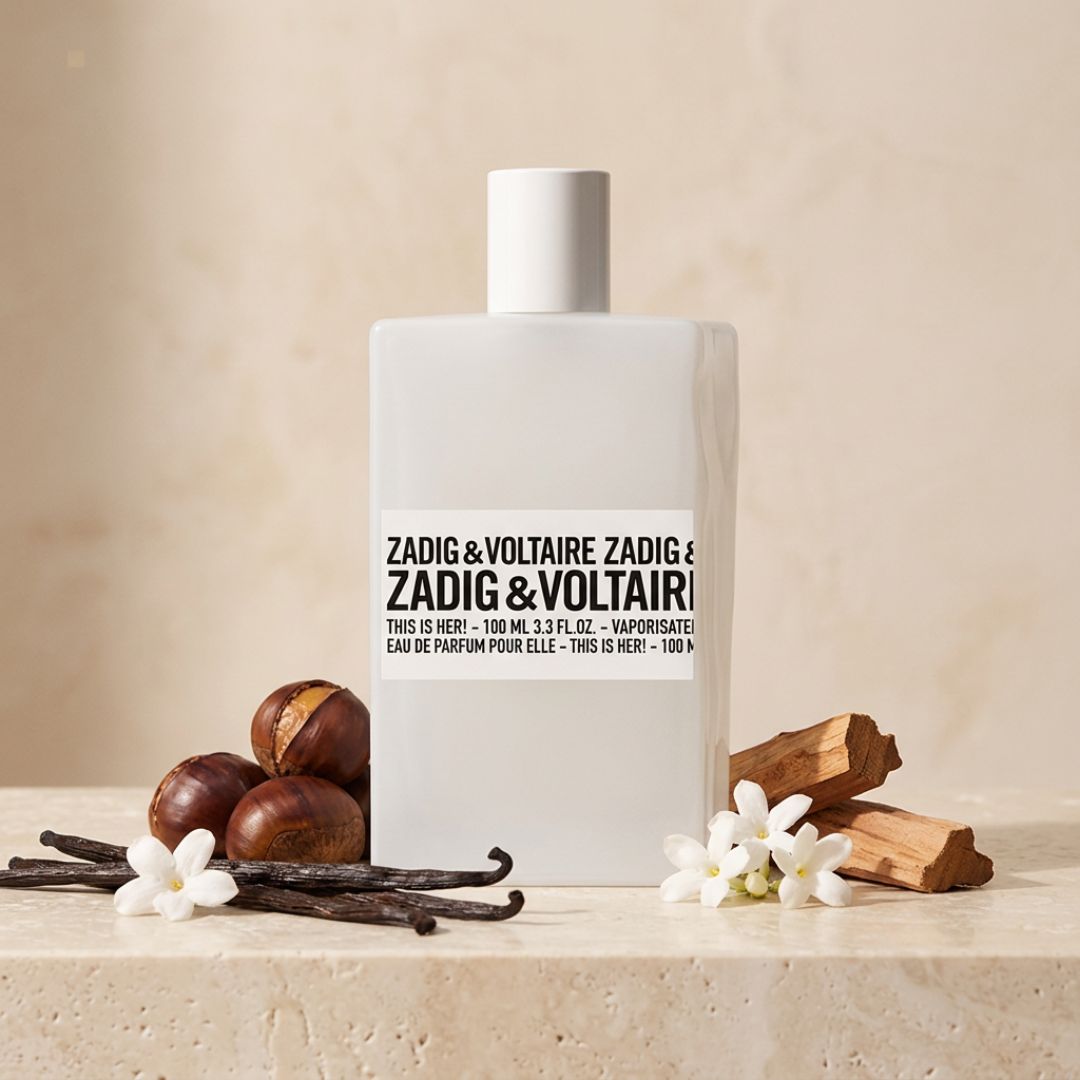 Zadig & Voltaire This Is Her! Eau de Parfum on a cream background surrounded by ingredients