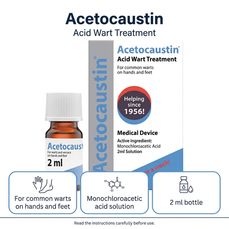 Acetocaustin acid wart treatment package and bottle shown on a white background with informational callouts about monochloroacetic acid solution, use on hands and feet, and a 2 ml bottle.