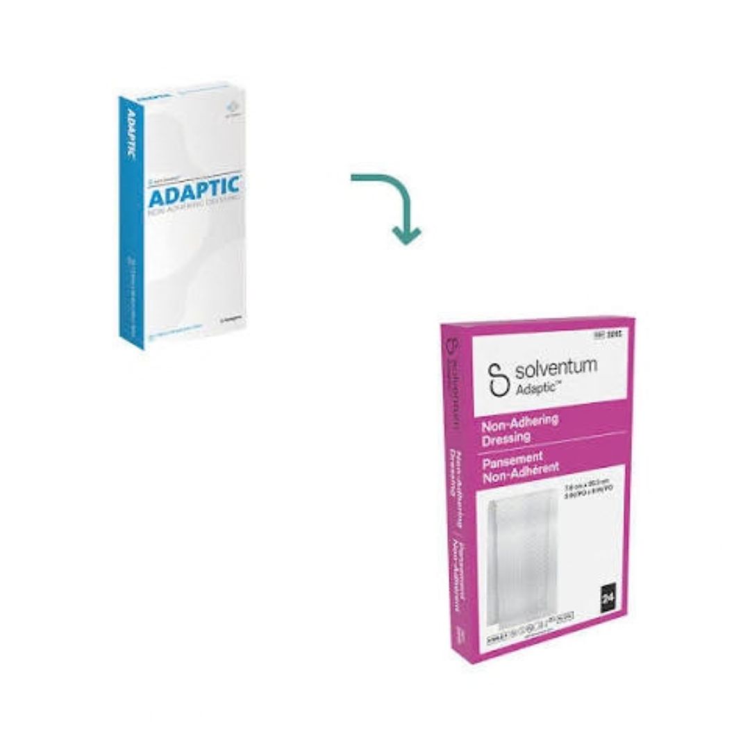 Two product boxes on a white background: a small white and blue Adaptec box on the left and a larger pink and white Solventum Adaptec non-adhering dressing box on the right, with a teal arrow pointing from the smaller box to the larger one.