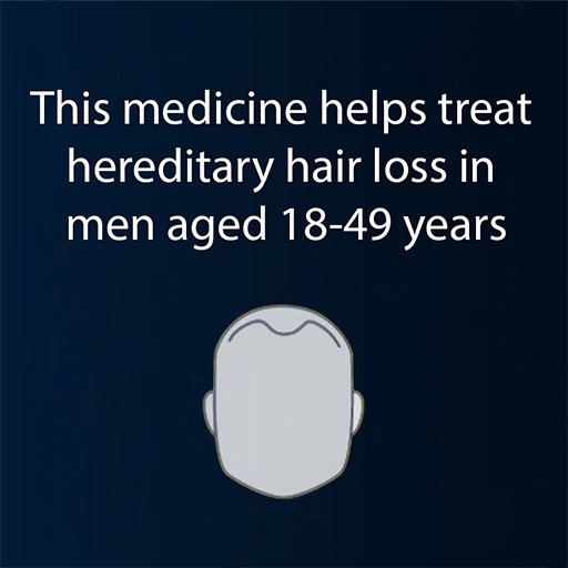 A dark navy graphic with white text reading 'This medicine helps treat hereditary hair loss in men aged 18-49' above a simple gray icon of a head with short hair.