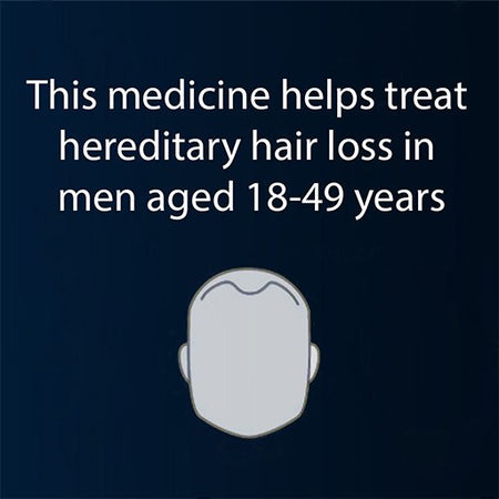 A dark navy graphic with white text reading 'This medicine helps treat hereditary hair loss in men aged 18-49' above a simple gray icon of a head with short hair.