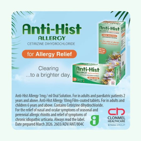 Anti-Hist allergy relief product packaging with Clonmel Healthcare branding on a light blue background.