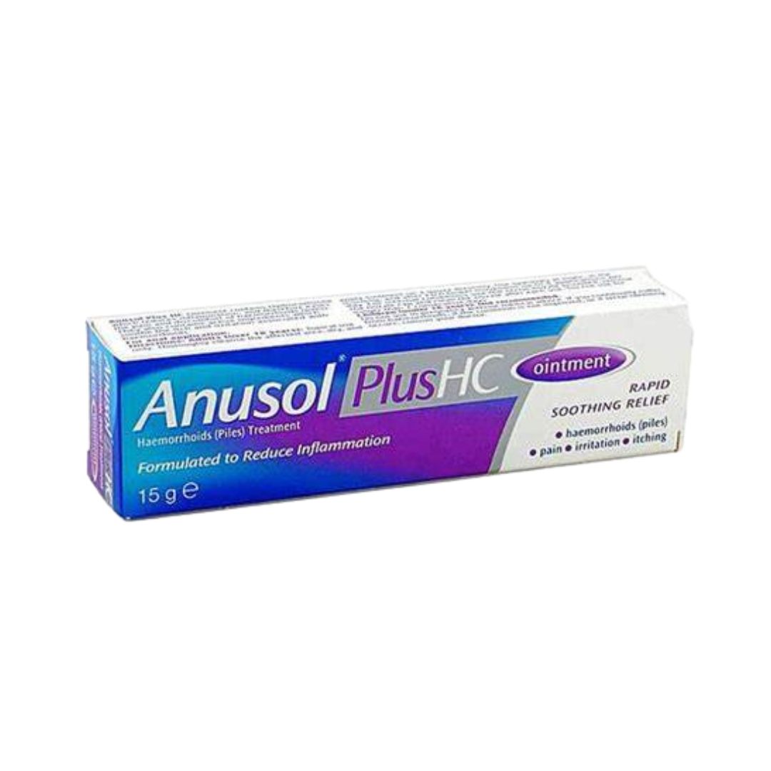 A 15 g box of Anusol Plus HC ointment, featuring a blue, purple, and white design with text indicating pain and inflammation relief.