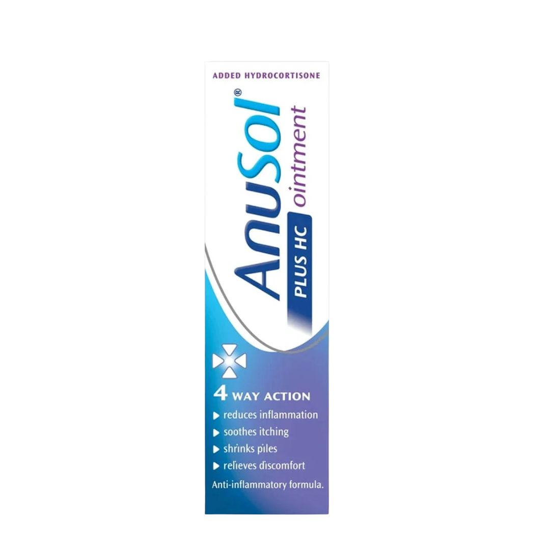 A tall, narrow white box of Anusol Plus HC ointment with blue and purple text and graphics, centered on a plain white background.