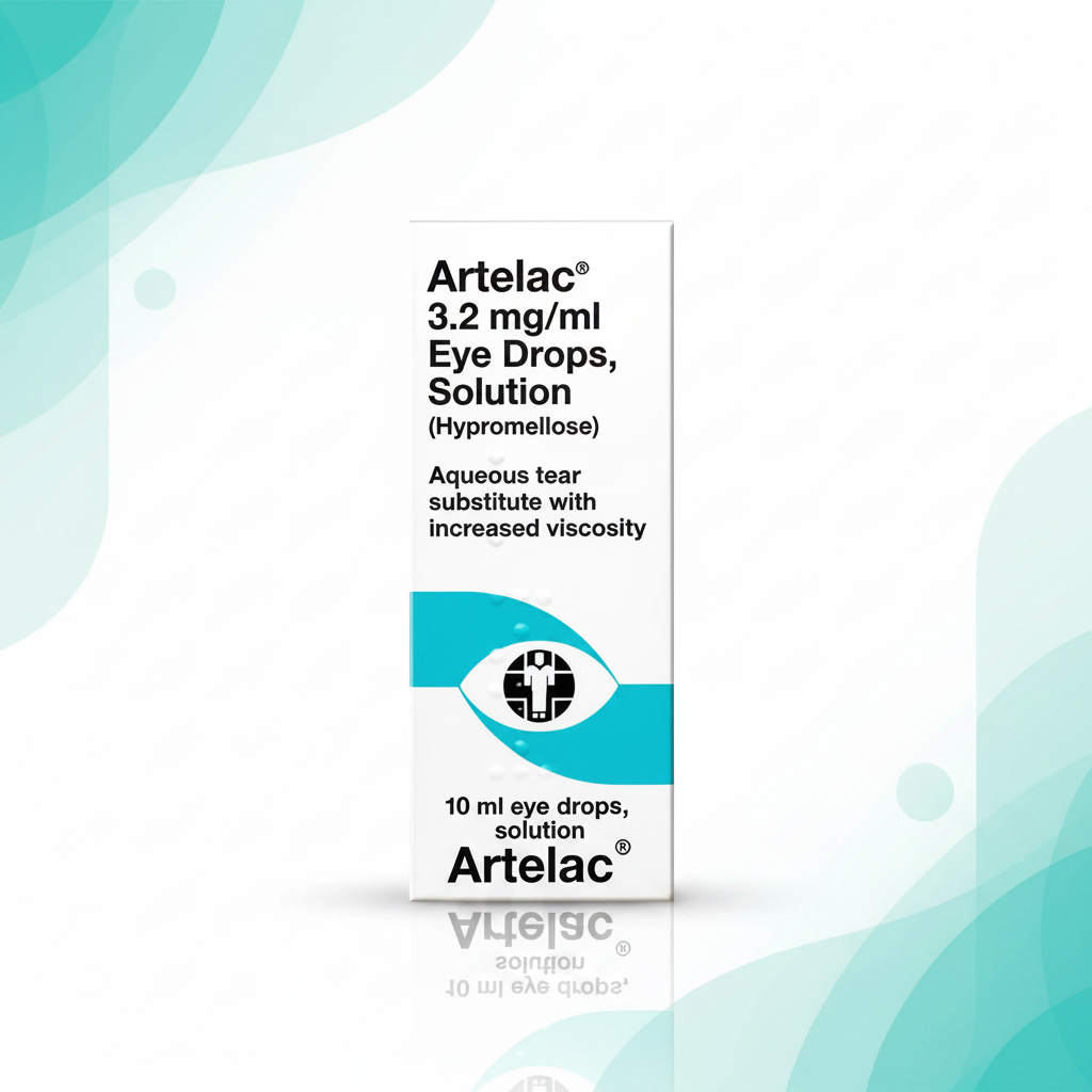Artelac eye drops with blue and white background